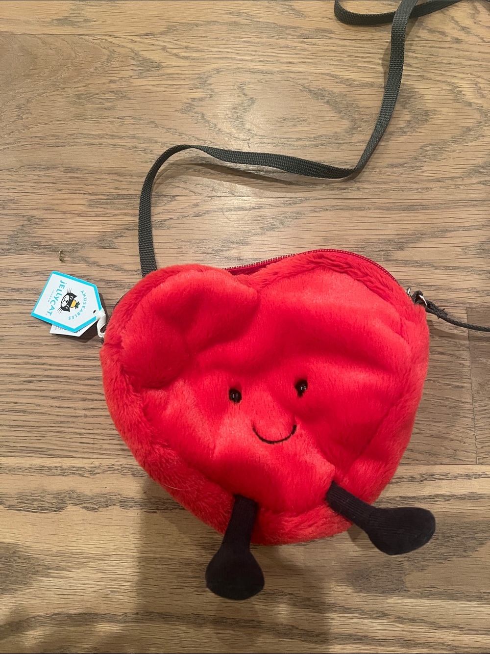 Jellycat Red Plush Heart Crossbody Bag with Smiley Face